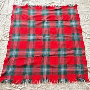Vintage Plaid Wool Blanket Throw Red Green Fringe Tartan Christmas Holiday